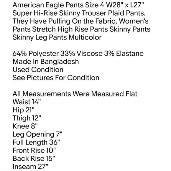American Eagle Pants Size 4 W28" x L27" Super Hi-Rise Skinny Trouser Plaid Pants - Picture 2 of 7